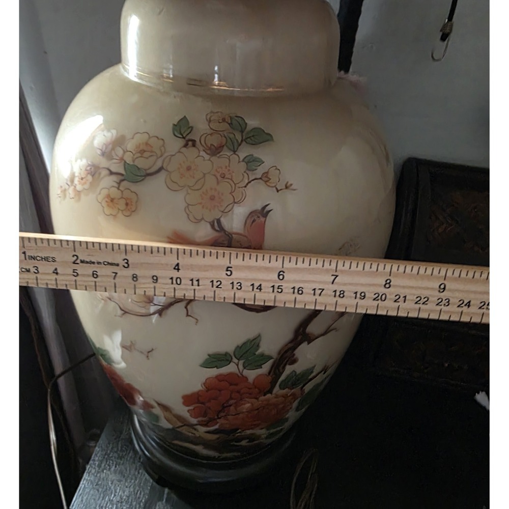 Vtg Asian Hand painted Glass Birds & Flowers Ginger Jar Table Lamp 30" - Picture 8 of 8